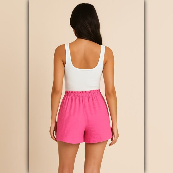 A366 ✽ Hot Pink Textured Drawstring Shorts - Picture 2 of 4